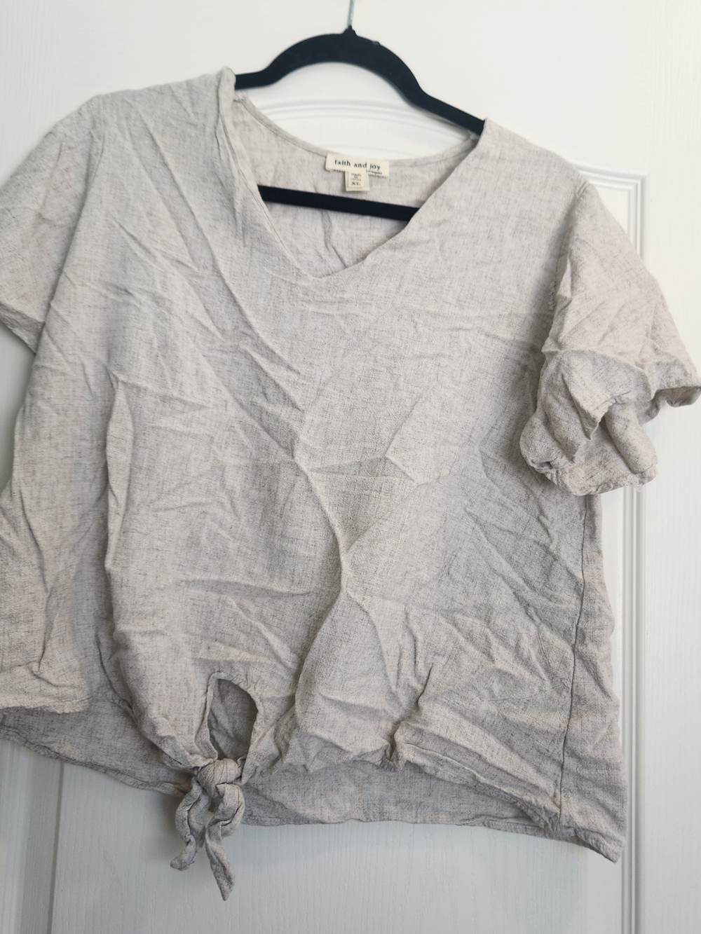 Faith and Joy Oatmeal Tie-Front Linen Blend Top XL Euc